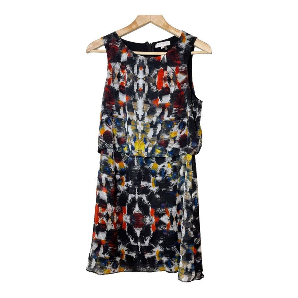 1.state Abstract Print Dress Sleeveless Pockets Medium Split Back Black - Picture 2 of 6